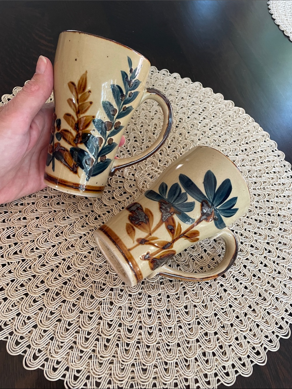 Source Unknown Tan Ceramic Mugs with Blue and Brown Leaf Motif - Set of 2